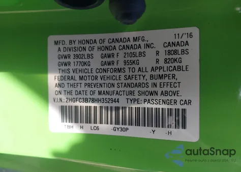 2017 Honda Civic Ex-L z USA, uszkodzony, nr VIN 2HGFC3B78HH352944